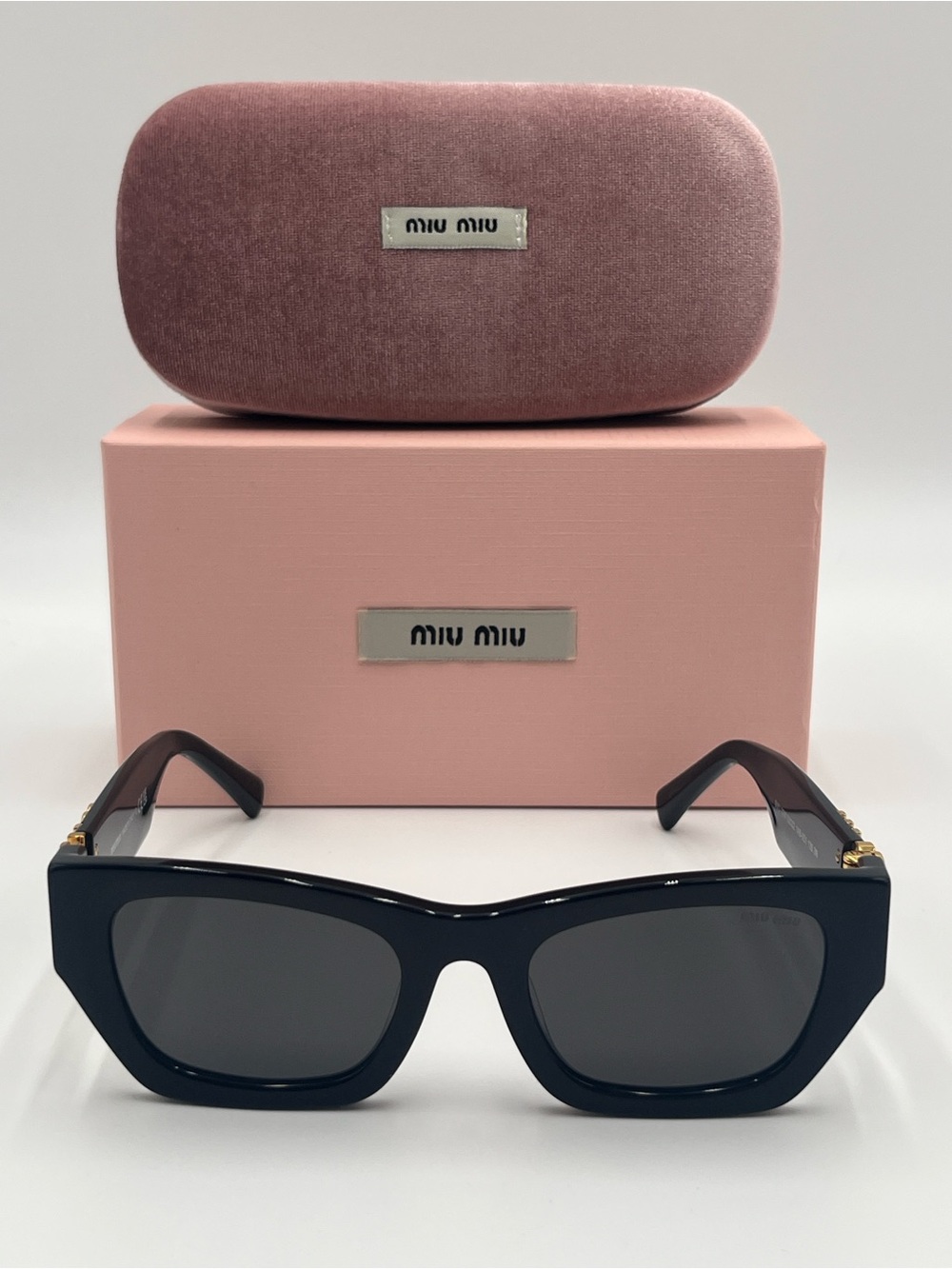 Miu Miu MU 09WS Black Rectangle Sunglasses Gold Logo Hinge
